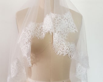 Mantilla Lace Veil/ Eyelash Chantilly Lace Veil/ Bridal Veil/ Lace wedding veil/ Custom veil/ Handmade veil