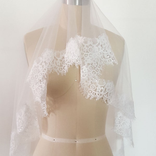 Mantilla Lace Veil/ Eyelash Chantilly Lace Veil/ Bridal Veil/ Lace wedding veil/ Custom veil/ Handmade veil