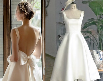 Backless Wedding dress/ Simple wedding dress/ open back dress/ short wedding dress/ modern bridal dress/ Custom wedding gown/ Audrey hepburn