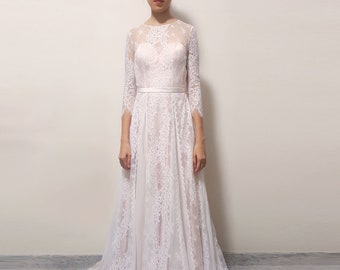 Boho Wedding Dress/ White Lace Dress/ Bohemian wedding/ Lace wedding dress/ Vintage Wedding/ long sleeve wedding dress / Custom made to fit