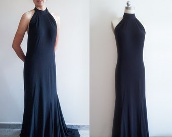 Meghan bridal reception inspired gown/ black evening gown/ backless gown/ halter neck gown/ duchess of sussex wedding dress inspired/ custom
