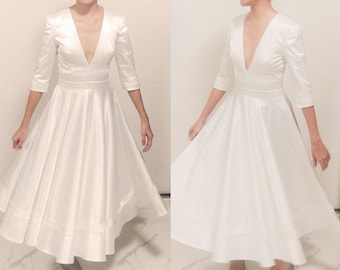 Tea Length Vintage style wedding dress/ 1950s wedding dress/ simple long sleeves gown/ deep V neck gown/ modern bridal/ classy wedding gown