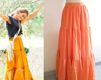 Bohemian Peasant Orange Skirt/ Women's Hippie Maxi Skirt/ Boho Tiered Skirt/ Lily James Gypsy Orange Skirt/ Movie inspired skirt