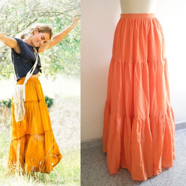 Falda naranja campesina Boho / Falda maxi hippie para mujer / Falda escalonada Boho / Lily James Falda naranja gitana / Falda inspirada en la película