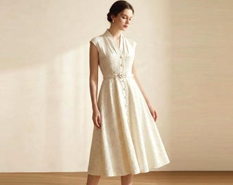 1950s Inspired Lace Shirtdress: Ivory Vintage Swing Dress, civil wedding dress, Size M