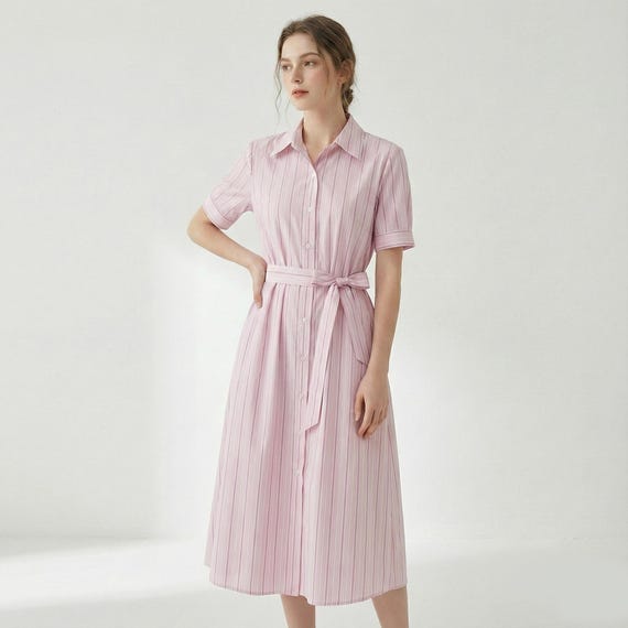 1950s Pink Striped Cotton Shirt Dress: Vintage Fit & Flare, Loose fitted Midi Dress 1950s Pink Striped Cotton Shirt Dress: Vintage Fit & Flare, Loose fitted Midi Dress