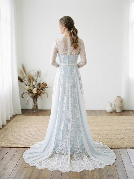 Blue Wedding Dress Long Sleeve, Fairytale A Line Bridal Gown, Something Blue Lace Wedding Dress, Ice Queen Winter Wedding Gown