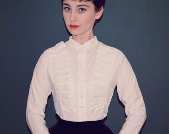 Audrey Hepburn blouse/ White Ruffle Blouse/ Women shirt / White pleated Shirt/ 1950s blouse/ Roman Holiday/ Custom made blouse/ Gift for her