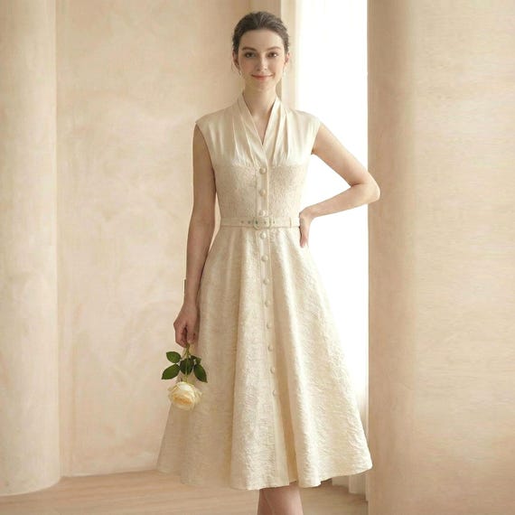 1950s Inspired Lace Shirtdress: Ivory Vintage Swing Dress, Civil Wedding  Dress, Size M - Etsy