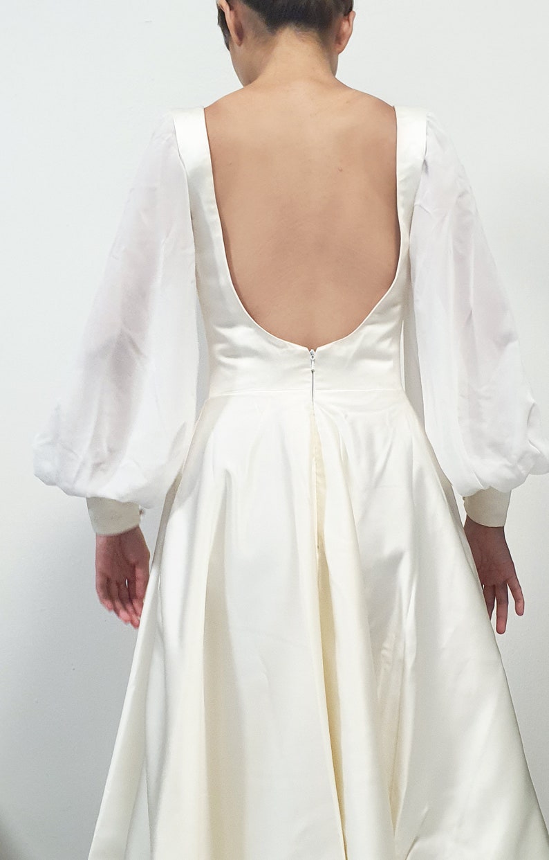 Juliet sleeve Wedding dress/ A line backless wedding dress/ open back dress/ short bridal gown/ long sleeve modern gown/ Custom wedding gown image 4