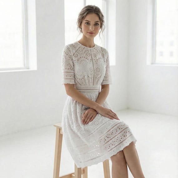 Casual Summer Wedding Dress/ Short Lace Dress/ Kate Middleton Inspired Dress/  White Broderie Anglaise Dress/ Duchess of Cambridge/ Handmade - Etsy