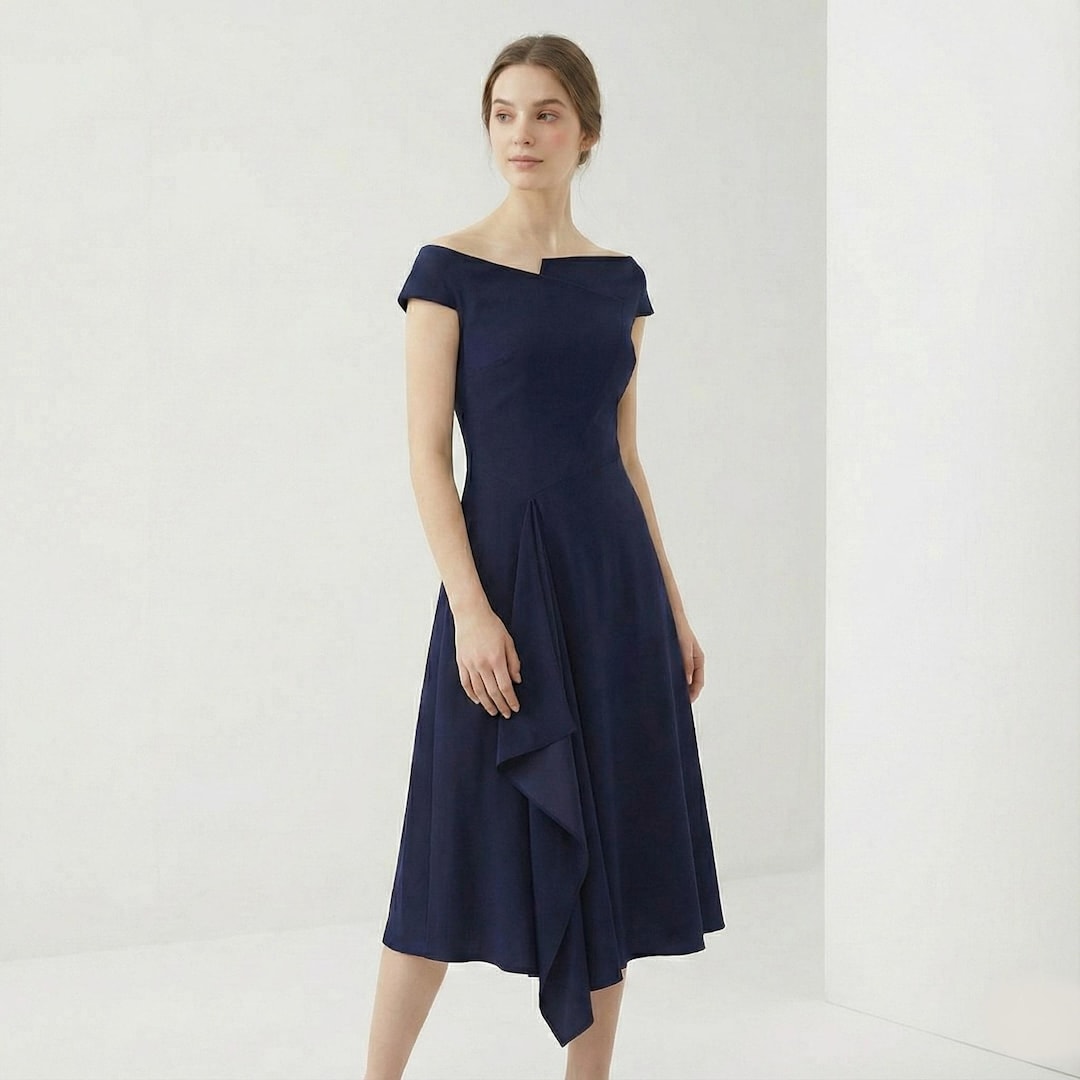 Meghan Markle Navy Barwick Off-shoulder Dress: Asymmetrical Hem Cocktail  Gown, Custom Made