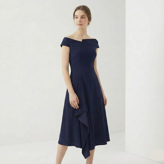 navy blue dress for baby girl A-line Off-the-Shoulder Sleeveless Satin Asymmetrical Homecoming Dress With  Ruffles