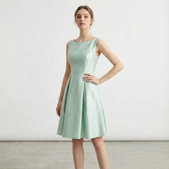 mint green dress mother of the bride Jackie Kennedy Style Dress, 1960s Boatneck Satin Cocktail Gown, Sleeveless A Line Wedding Guest elegant mother of the bride dresses