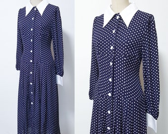 Kate Middleton Marineblaues Kleid / Duchess of Cambridge Midi Polka Dot Shirtkleid / Langarm Retro Polka Dot Kleid / 1940er Jahre Stil