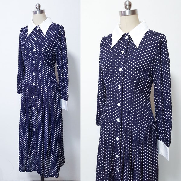 Kate Middleton polka dot navy blue dress/ duchess of cambridge Midi polka dot shirtdress/ Long sleeve retro polka dot dress/ 1940s style