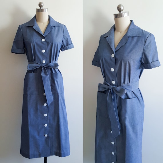 Bridget Bardot Chambray Shirt Dress/ Denim Dress/ God Created Woman/  Vintage 50s/ Blue Shirt Dress/ Hollywood Glamour/ Tailored Dress/ Movie 