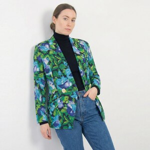 Vintage 80s Floral Blazer Jacket: Cotton-Linen Blend, Size L image 1