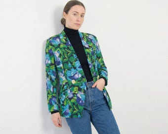Vintage 80s Floral Blazer Jacket: Cotton-Linen Blend, Size L