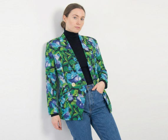 Vintage 80s Floral Blazer Jacket: Cotton-Linen Blend, Size L