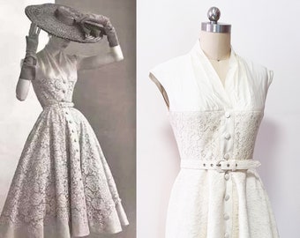 1950s vintage inspired ivory shirtdress/ Vintage 50s dress/ ivory lace bridal gown/ lace civil wedding dress/ white swing dress/ Size S