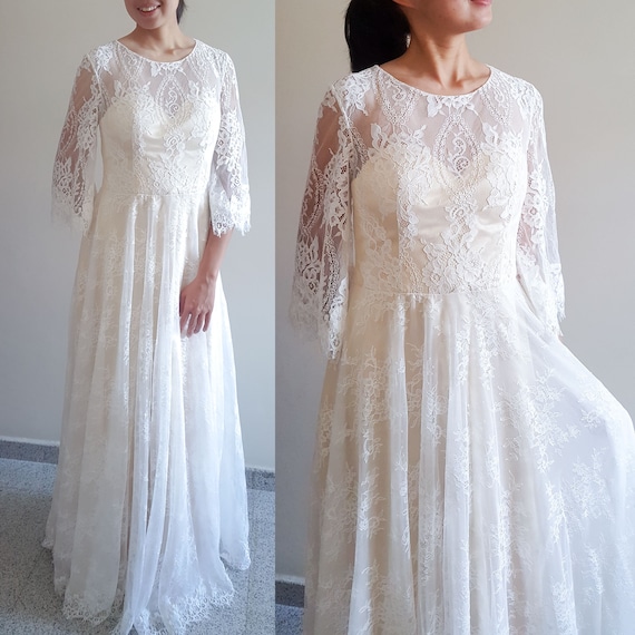 Boho Lace Wedding Dress Trompetenärmel, Boho Elopement Kleid