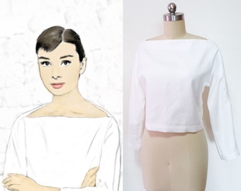 Audrey Hepburn top/ Vintage inspired boat neck top/ funny face top/ Loose Fit Women Blouse/ 1950's cropped top/ Custom Made Top/ movie top