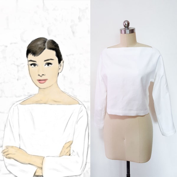 Audrey Hepburn top/ Vintage inspired boat neck top/ funny face top/ Loose Fit Women Blouse/ 1950's cropped top/ Custom Made Top/ movie top