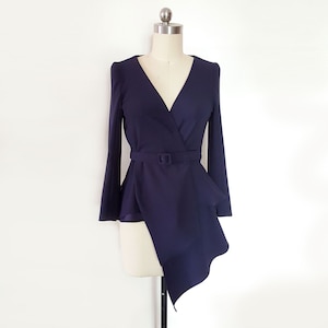 Meghan Markle blue peplum draped top/ navy belted blouse/ blue wrap blouse/ draped blouse/ asymmetrical hem top/ Custom made