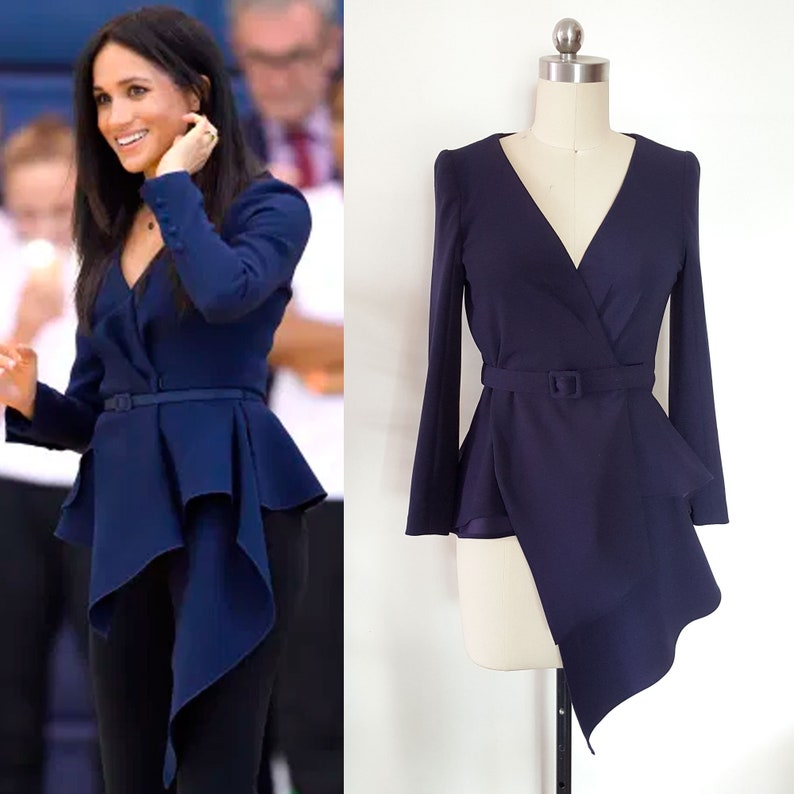 Meghan Markle blue peplum draped top/ navy belted blouse/ blue | Etsy