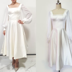 Juliet sleeve Wedding dress/ A line backless wedding dress/ open back dress/ short bridal gown/ long sleeve modern gown/ Custom wedding gown image 2