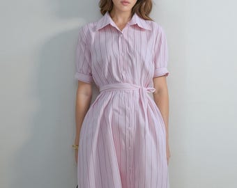 1950s Pink Striped Shirt Dress/ Vintage-Inspired Fit and Flare Dress/ Loose fitted dress/ Cotton Midi Dress with Waist Tie/ summer dress