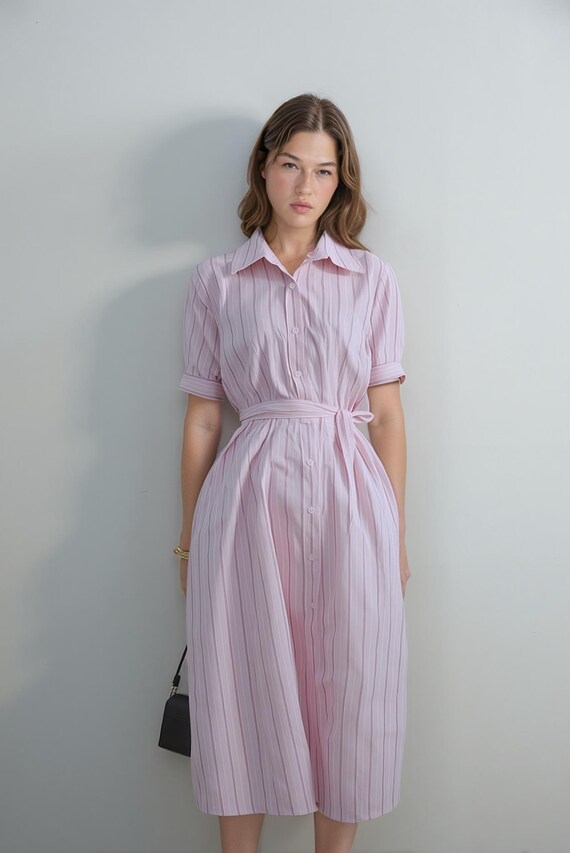 1950s Pink Striped Cotton Shirt Dress: Vintage Fit Flare, Loose