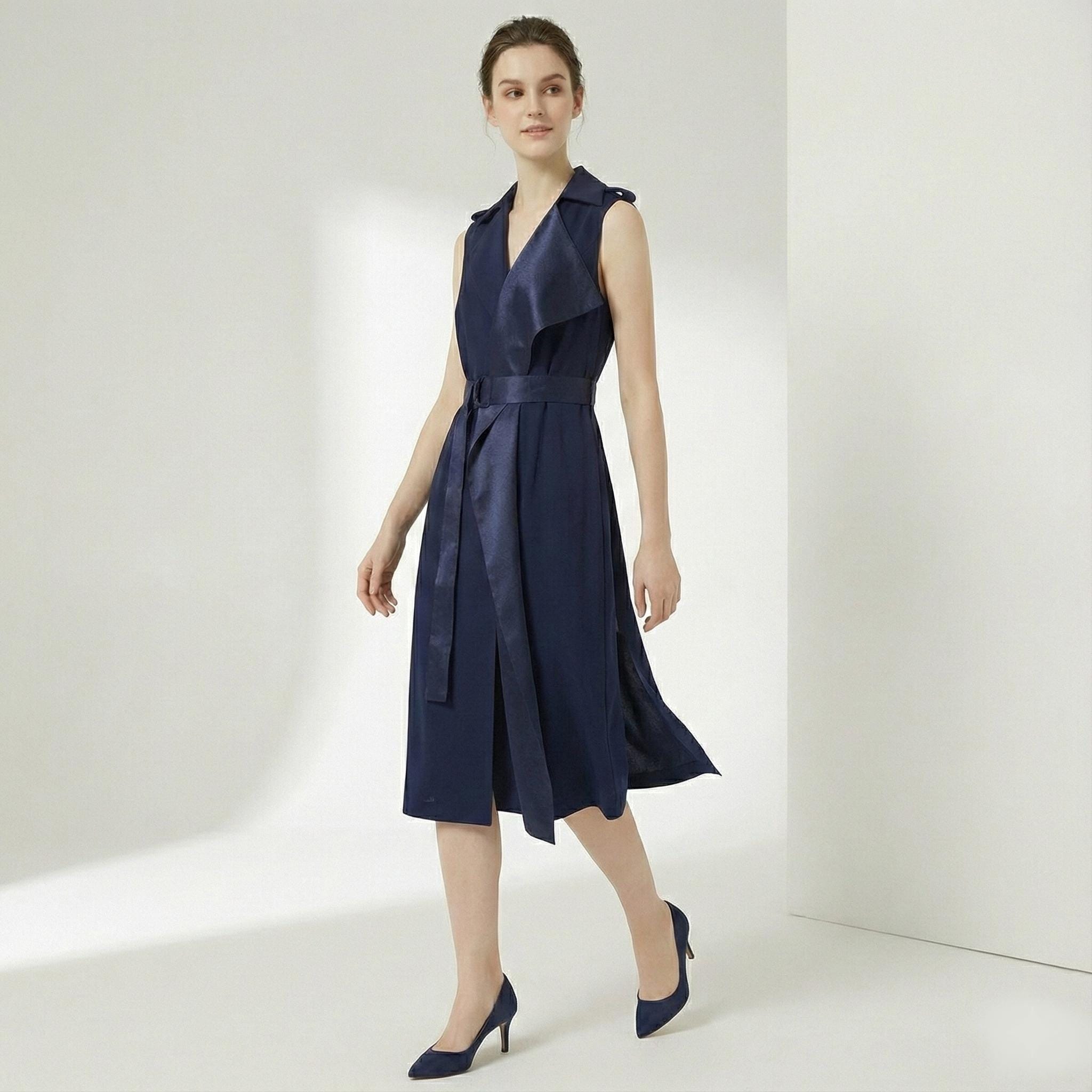 Meghan Markle Inspired Navy Satin Wrap Dress: Formal Cocktail Trench Style