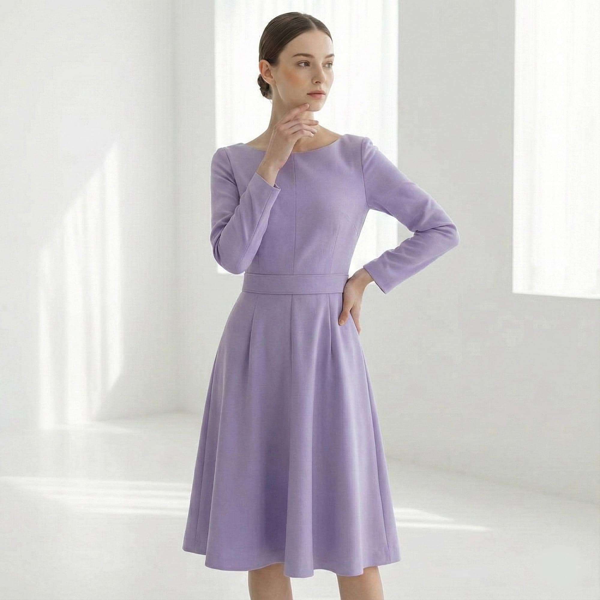 Kate Middleton Lavender dress/ Duchess Cambridge dress/ purple swing dress/ long sleeve dress/ work dress/ custom made dress/ heavy crepe Kate Middleton Lavender dress/ Duchess Cambridge dress/ purple swing dress/ long sleeve dress/ work dress/ custom made dress/ heavy crepe