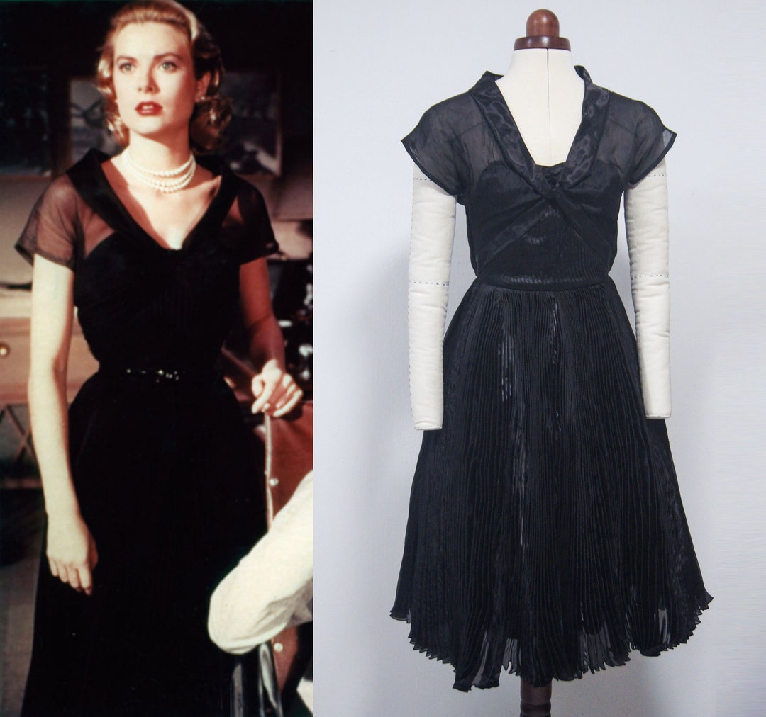 Grace Kelly Rear Window Black Dress/ Black Pleated Evening Dress/ Vintage 50s Dress/ Little