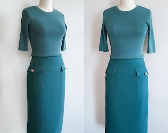 Meghan Markle green knit ensemble/ Fitted dress/ Office/ 2 piece separates/ Knit top and skirt/ Ireland tour outfit/ Duchess of Sussex