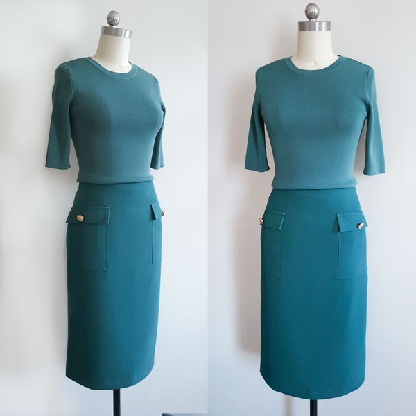 Meghan Markle green knit ensemble/ Fitted dress/ Office/ 2 piece separates/ Knit top and skirt/ Ireland tour outfit/ Duchess of Sussex