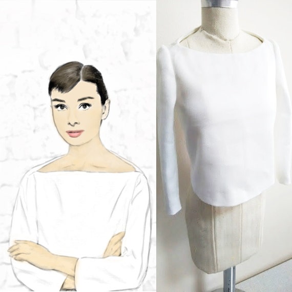 Vintage/ Audrey Hepburn/ Loose Fit/ Boat Neck Top/ White Top/