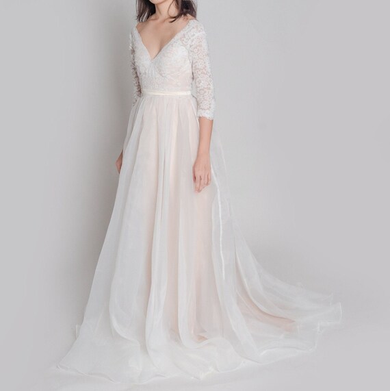 Boho low Back Wedding Dress/ White Lace Dress/ bohemian wedding gown/  Vintage Wedding/ long sleeve wedding dress Custom made to fit