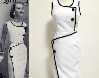 Vintage 50s/ 1950s dress/ Pencil dress/ Rockabilly/ Madmen/ White Dress/ Custom dress/ Hollywood Glamour/ Tailored Dress/ Work dress