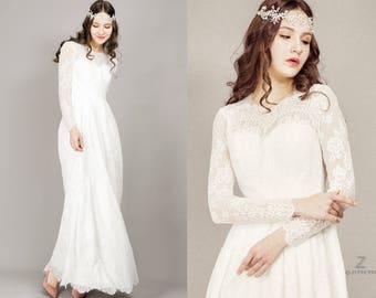 Long sleeve wedding dress/ Boho Wedding Dress/ White Lace Dress/ Bohemian wedding/ Lace wedding dress/ Vintage Wedding/ Custom made to fit