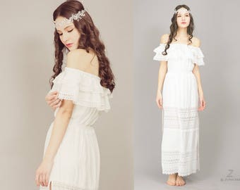 Off shoulder wedding dress/ boho wedding dress/ beach wedding dress/ Off White Lace Dress/ grecian dress/ Bohemian wedding/ resort dress