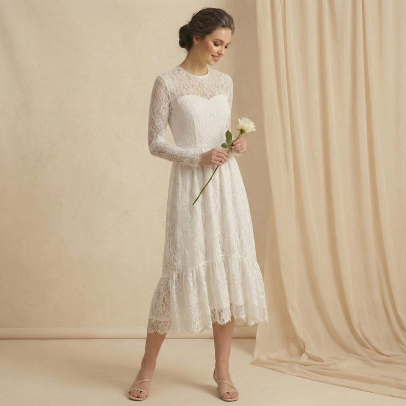 Abito da sposa in pizzo boho/abito da fuga/abito midi in pizzo bianco di Kate Middleton/abito da sposa a maniche lunghe/abito da sposa in pizzo su misura immagine 2