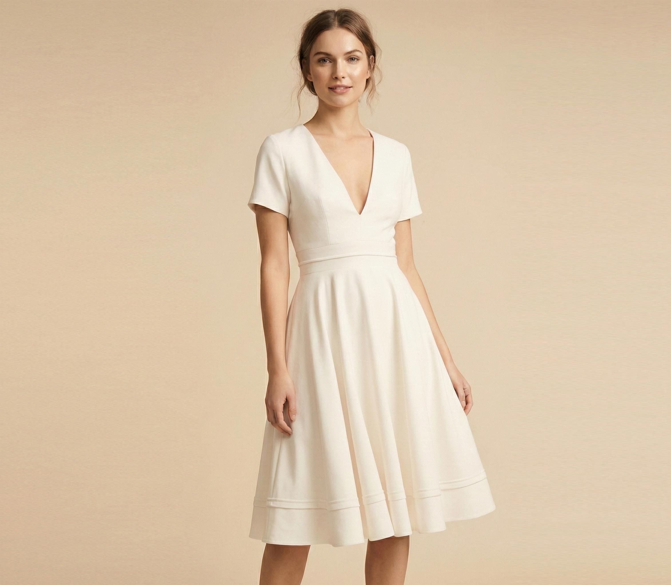 Short wedding dress/ 1950s wedding dress/ tea length gown/ Fit and flare dress/ deep V neck dress/ Modern wedding/ civil wedding dress