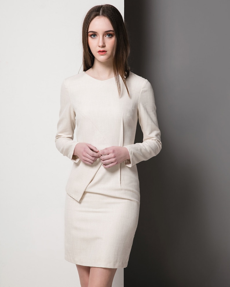Civil wedding short dress/ Tweed Dress/ Kate Middleton inspired/ ivory dress/ Formal tailored Workdress/ Peplum dress/ Custom made dress image 2