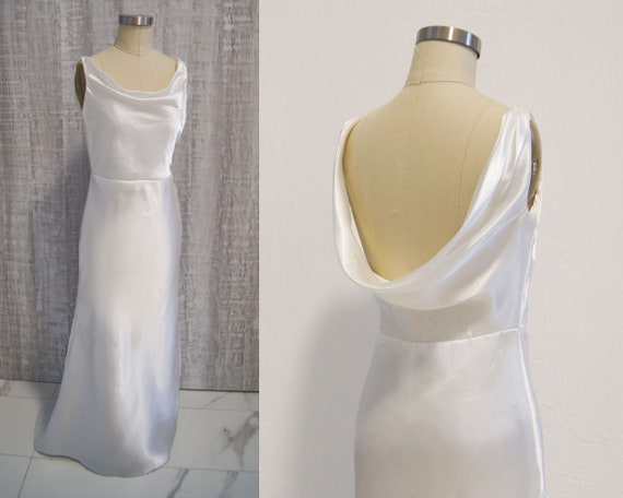 Cowl Neck Satin Wedding Gown: 1930s Style Backless Bridal Dress