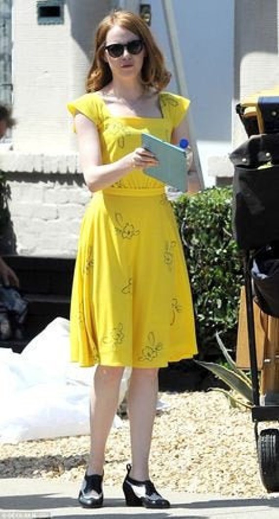 Emma Stone Inspired Yellow Swing Dress/ Movie Dress/ Mia Yellow Floral Dress/  60s Dress/ Swing Dress/ Vintage 60s Dress/ Custom Made Dress 