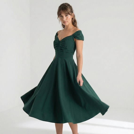 Emerald Green Swing Dress: Emma Stone inspired 60s Retro Style, Custom Made