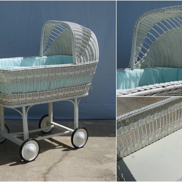 1940's Vintage BASSINET in White Wicker, Wheels and in AMAZING Condition. Timeless Baby Bed/Bassinet Fully Functional & Extras Included!